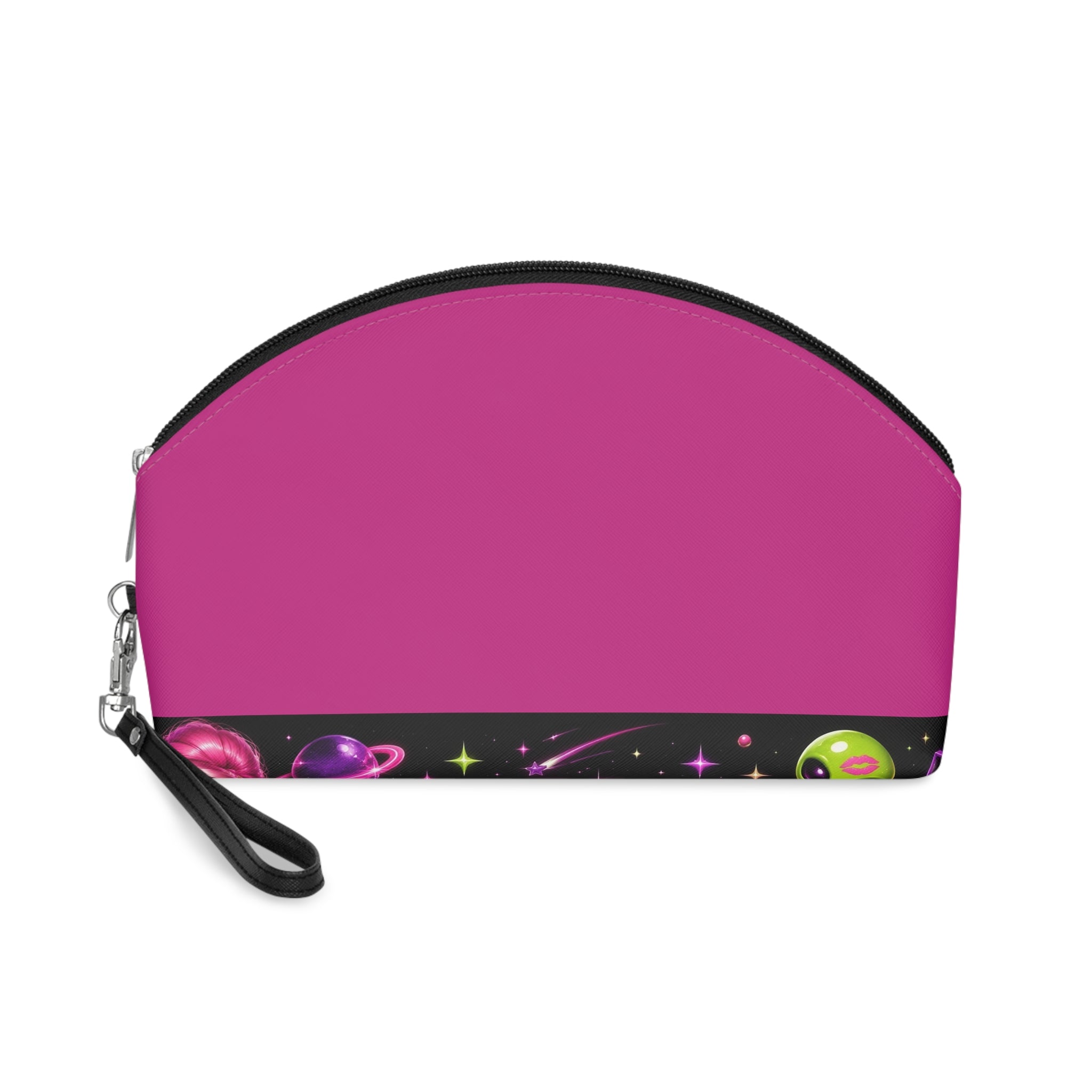 Cosmic Pink Makeup Bag — Planet Pattern Cosmetic Pouch with Wrist Strap