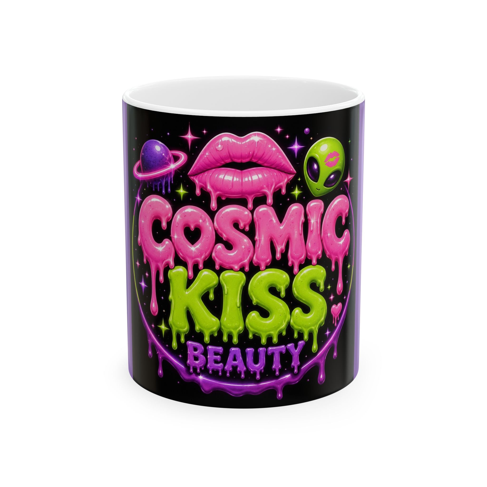 Cosmic Kiss Beauty Ceramic Mug — Neon Alien Lips Graphic (11oz & 15oz)